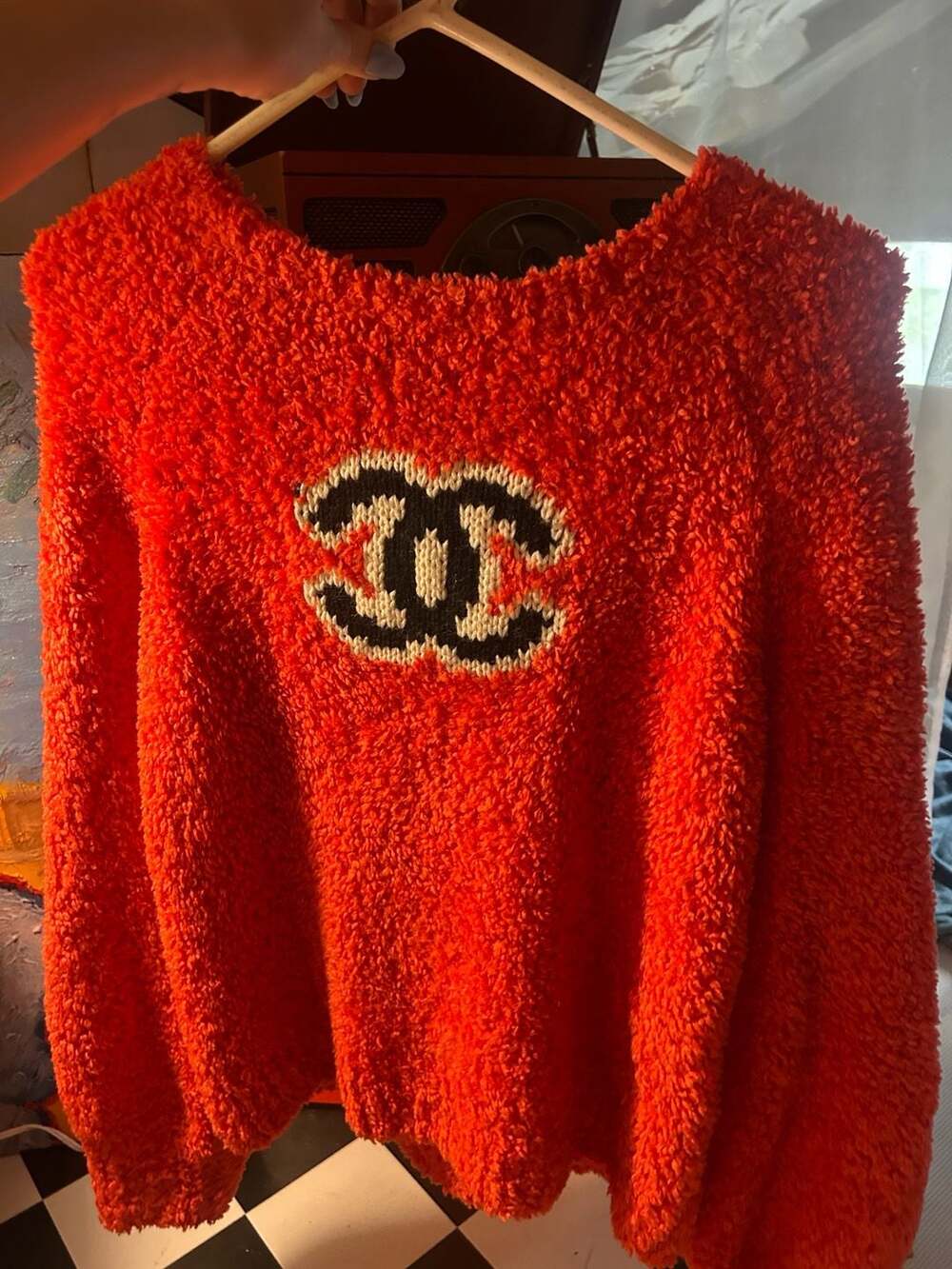 Chanel AW19 CC Logo Bouclé Teddy Knit Sweater Red Size 40
